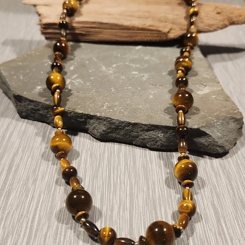 14k Tiger Eye Beaded Women's Necklace - Brown